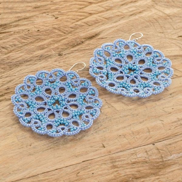 Alternate image for Hand-Tatted Blue Dangle Earrings with Glass Beads Life Harmony in Blue