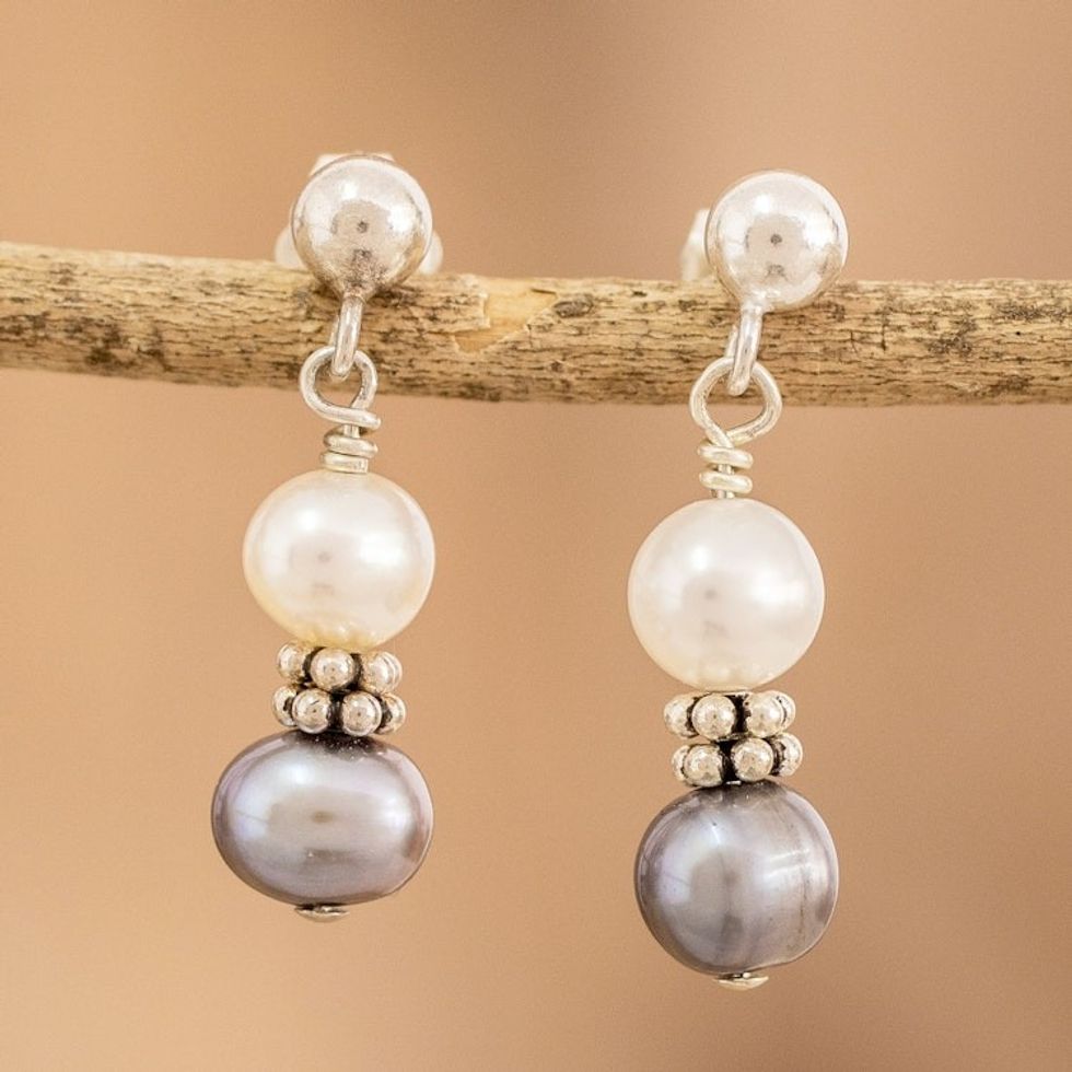 White and Grey Cultured Pearl Dangle Earrings 'Marine Meditations'