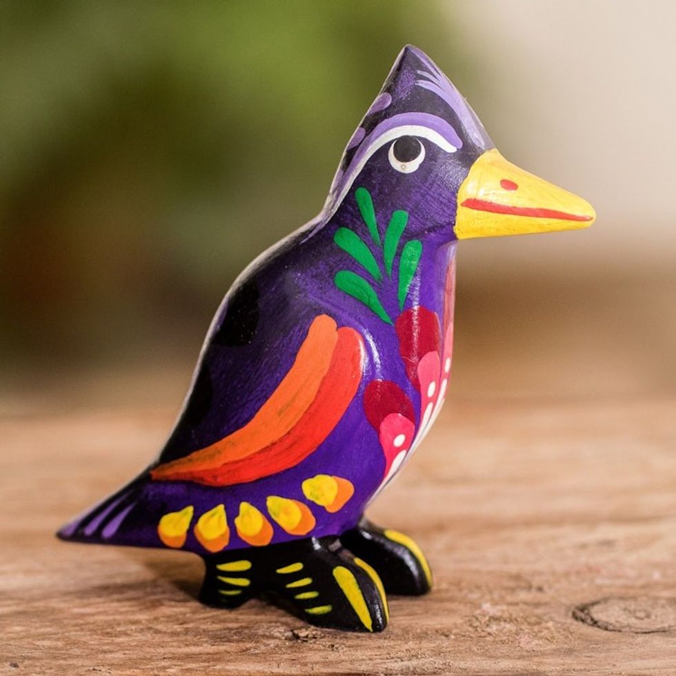 Hand Painted Multicolored Wood Figurine from Guatemala 'Curious Cardinal'