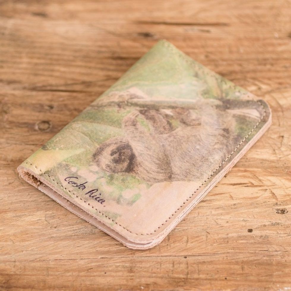 Passport Holder Handcrafted with Leather in Costa Rica 'Playful Sloth'
