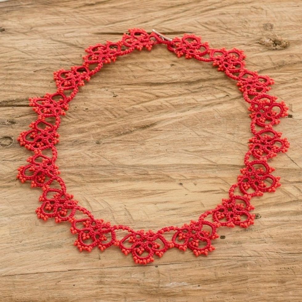 Hand-Tatted Red Collar Necklace with Sterling Silver Clasp 'Intense Winds'