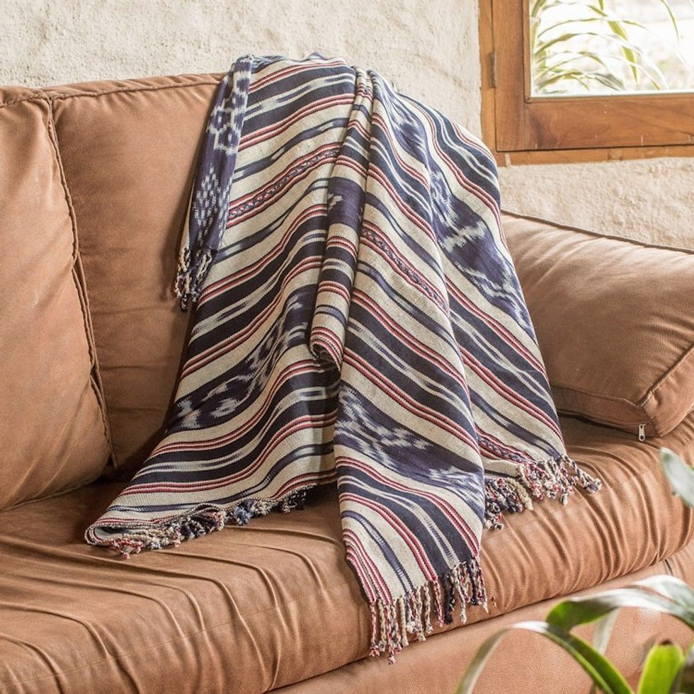Blue and Red Hand-Woven Cotton Throw Blanket with Stripes 'Fresh and Cool'
