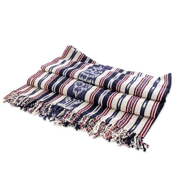 Alternate image for Blue and Red Hand-Woven Cotton Throw Blanket with Stripes Fresh and Cool