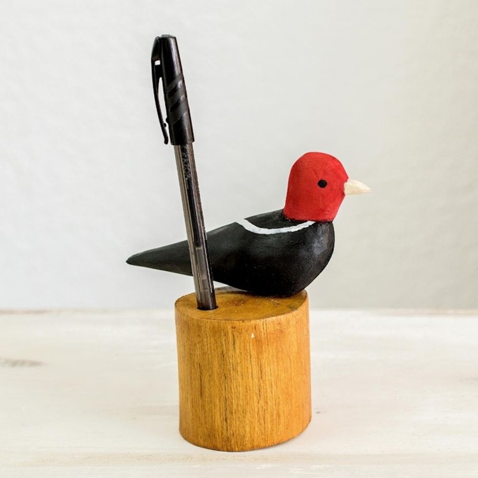 Colorful Hand Carved Costa Rican Bird Wood Pencil Holder 'Bird in My Garden'