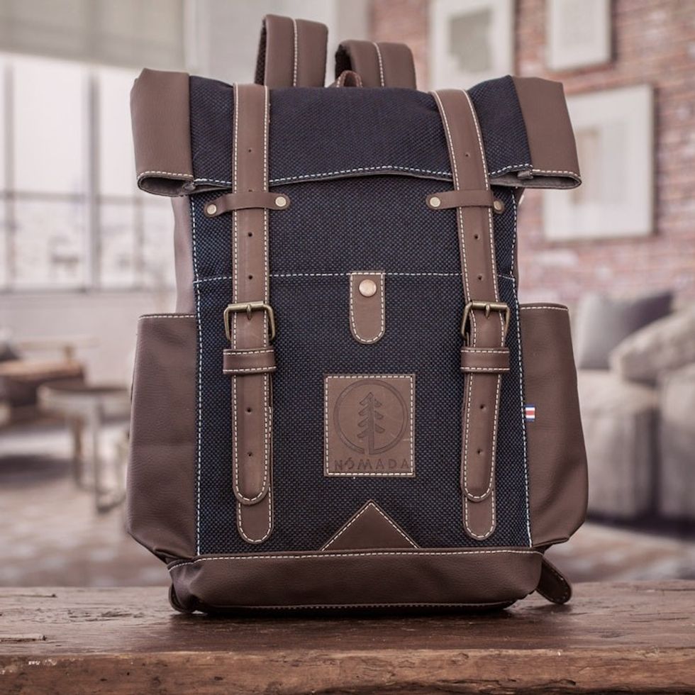 Leather-Accented Backpack in Blue 'Blue Adventure'