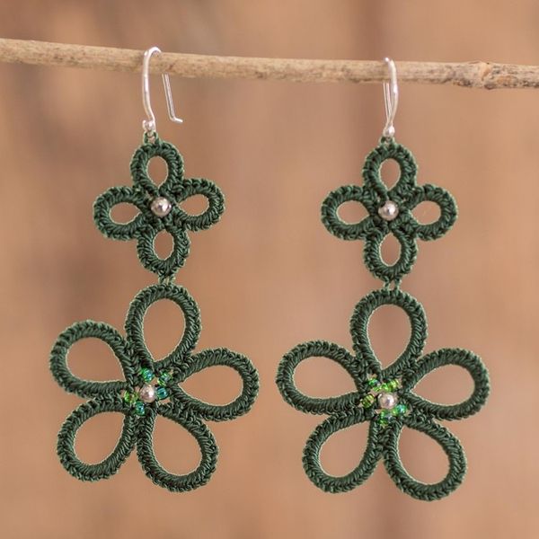 Alternate image for Hand-Tatted Floral Dangle Earrings in Green Green Flora