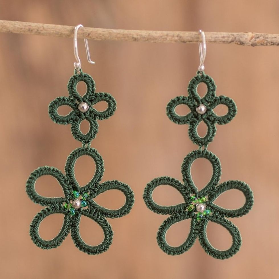 Hand-Tatted Floral Dangle Earrings in Green 'Green Flora'