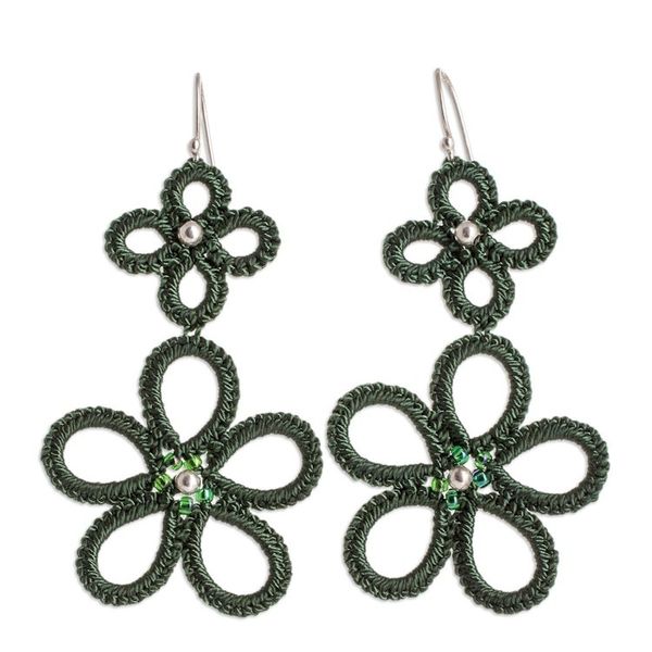 Alternate image for Hand-Tatted Floral Dangle Earrings in Green Green Flora