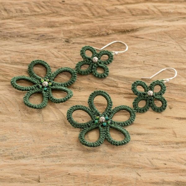 Alternate image for Hand-Tatted Floral Dangle Earrings in Green Green Flora