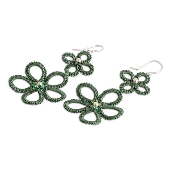 Alternate image for Hand-Tatted Floral Dangle Earrings in Green Green Flora