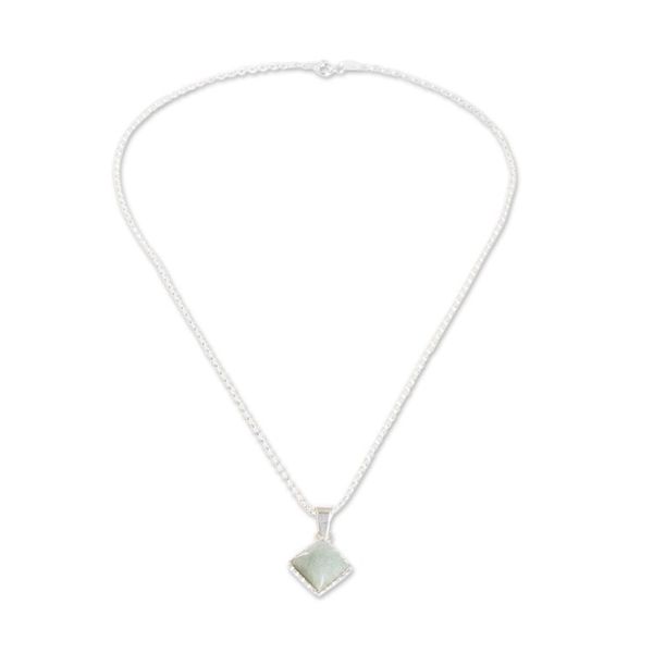 Alternate image for 925 Silver Necklace with Rhombus-Shaped Green Jade Pendant Rhombus in Green