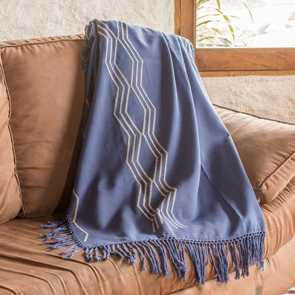 Handmade Indigo and Beige Cotton Throw with Geometric Motifs 'Indigo Ways'