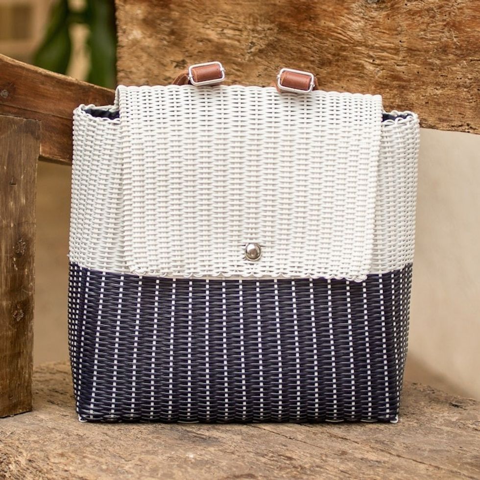 Handwoven Recycled Vinyl Cord Backpack with Leather Straps 'Midnight Creation'