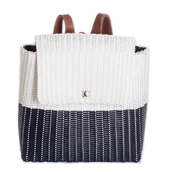 Alternate image for Handwoven Recycled Vinyl Cord Backpack with Leather Straps Midnight Creation