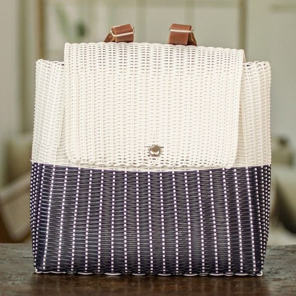 Alternate image for Handwoven Recycled Vinyl Cord Backpack with Leather Straps Midnight Creation