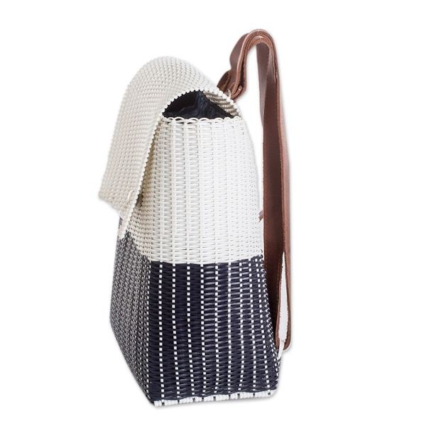 Alternate image for Handwoven Recycled Vinyl Cord Backpack with Leather Straps Midnight Creation