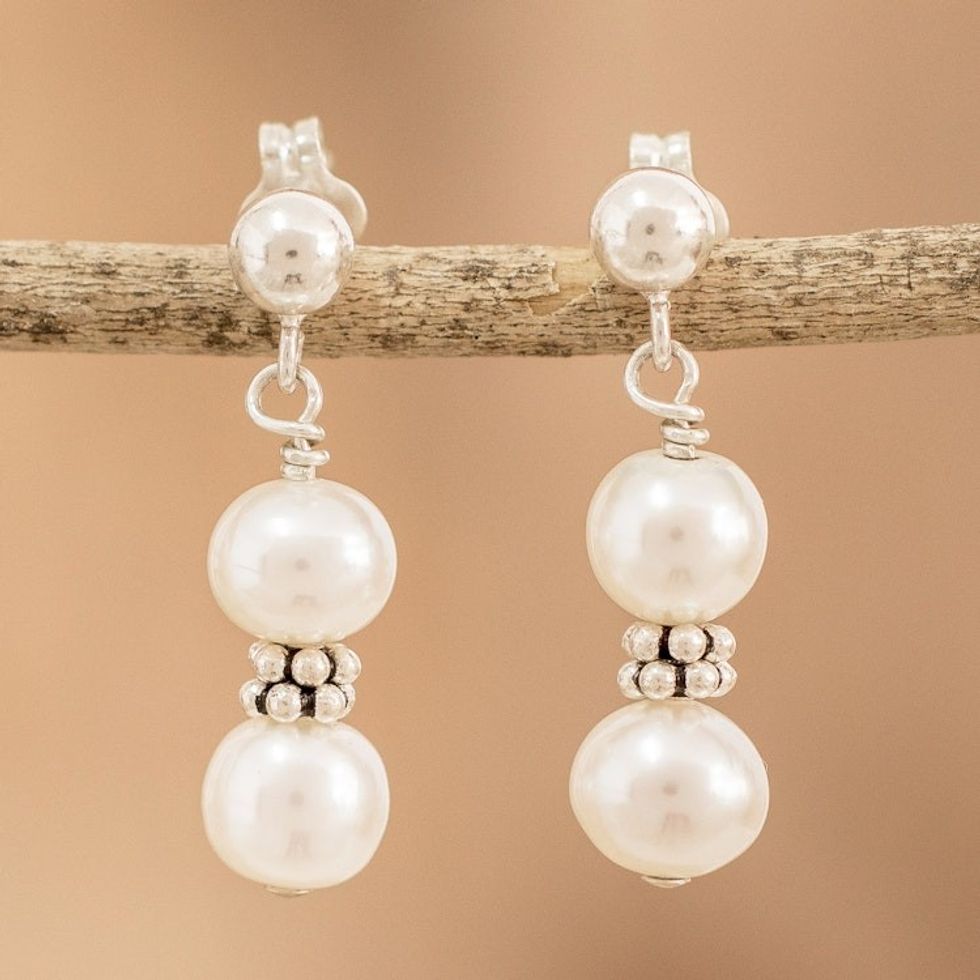 Cream Cultured Pearl Beaded Dangle Earrings from Costa Rica 'Marine Victory'