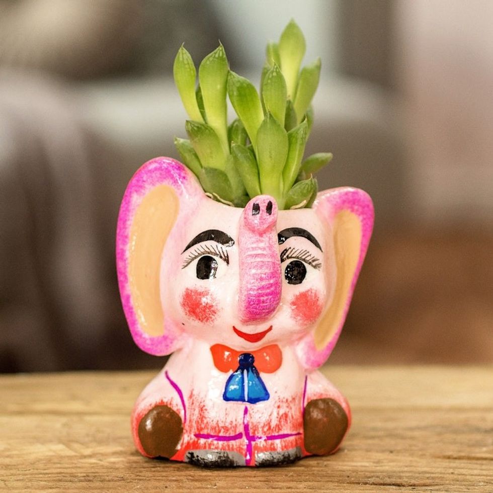 Handpainted Mini Ceramic Elephant Flower Pot from Guatemala 'Herbaceous Elephant'