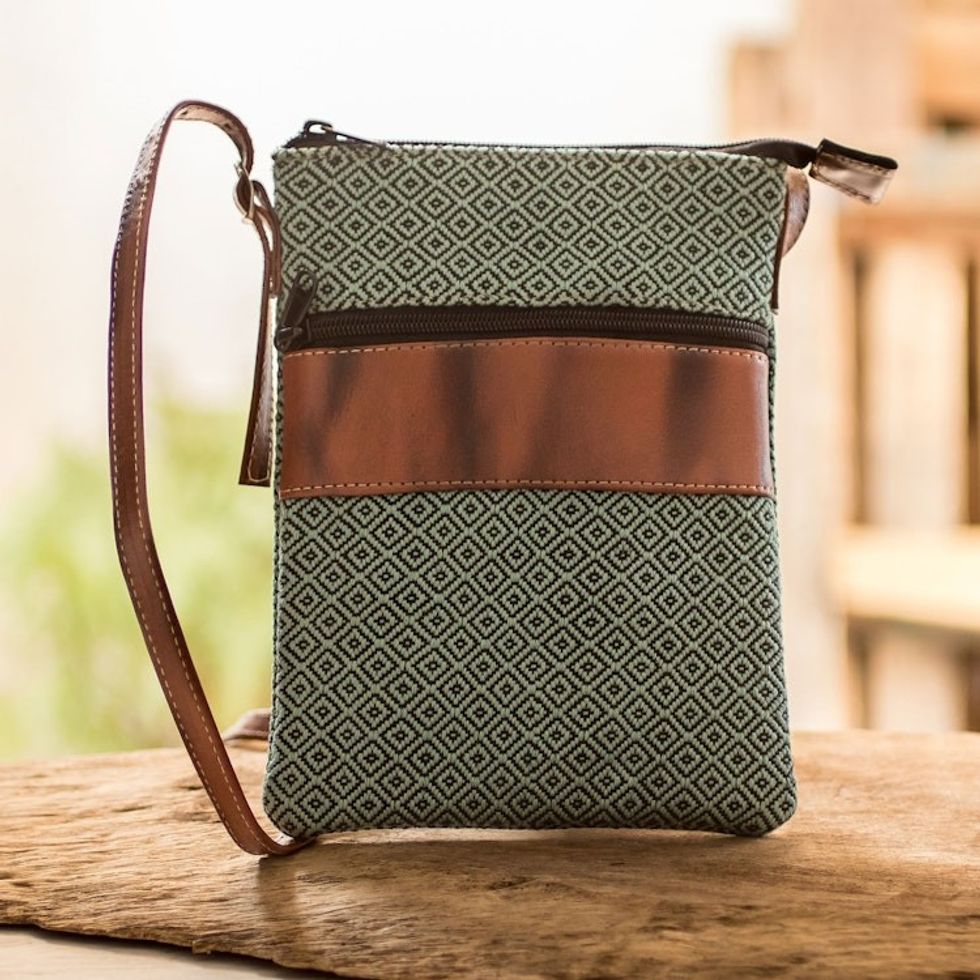 Adjustable Cotton and Leather Sling Bag 'Comalapa Diamonds in Mint'