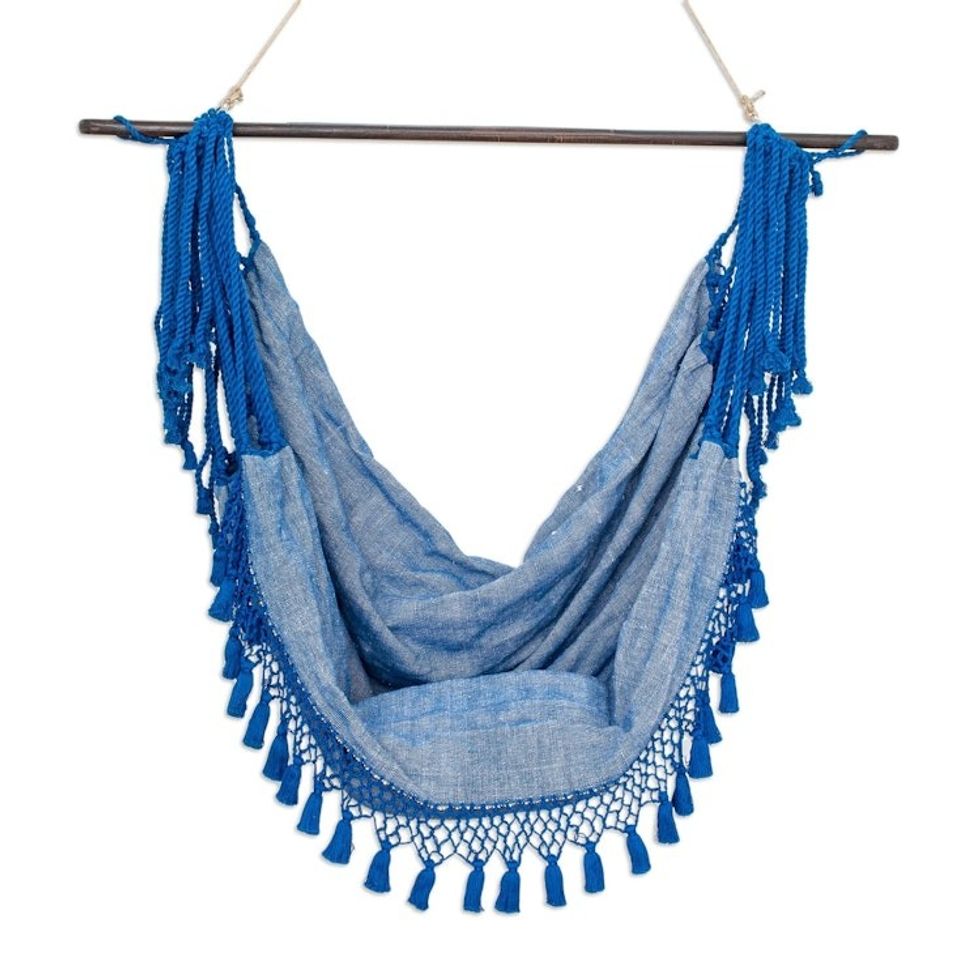 Artisan Crafted Blue Cotton Hammock Chair 'Take Me to the Beach'