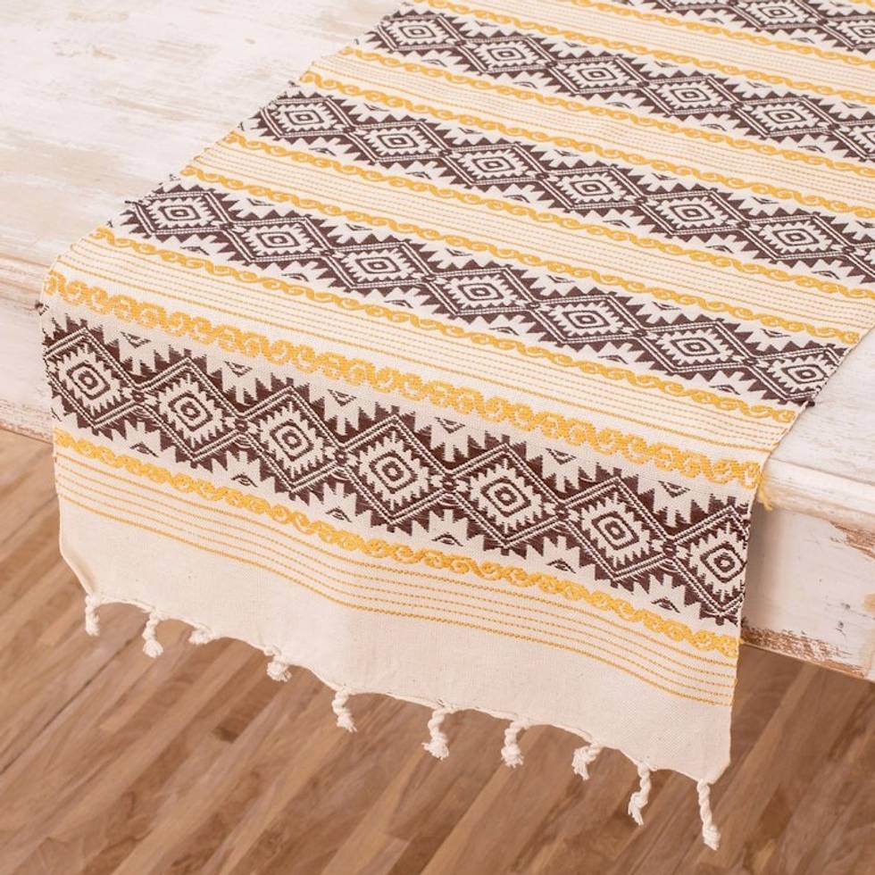 Hand-Woven Ivory Brown Yellow Fringed Cotton Table Runner 'Gold Diamond'