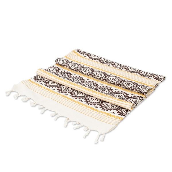 Alternate image for Hand-Woven Ivory Brown Yellow Fringed Cotton Table Runner Gold Diamond