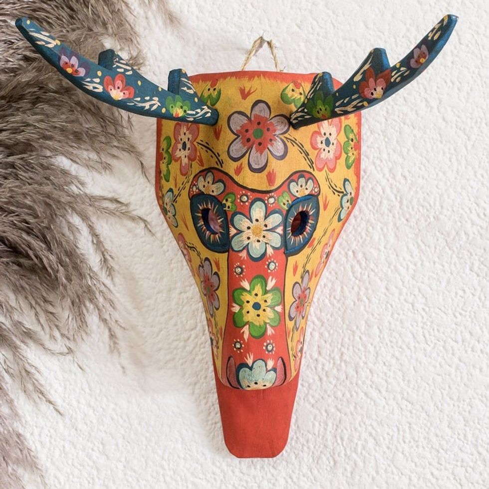 Floral Wood Deer Mask in Yellow from Guatemala 'Yellow Floral Deer'