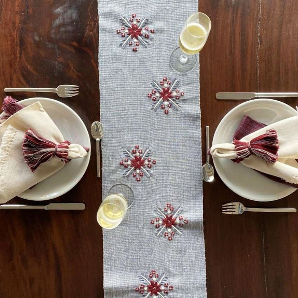 Handloomed Grey Cotton Table Runner with Embroidered Motifs 'Grey Offering'