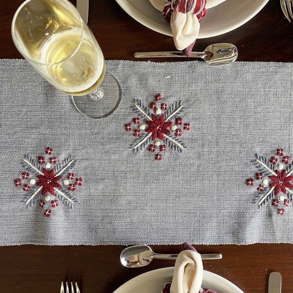 Alternate image for Handloomed Grey Cotton Table Runner with Embroidered Motifs Grey Offering
