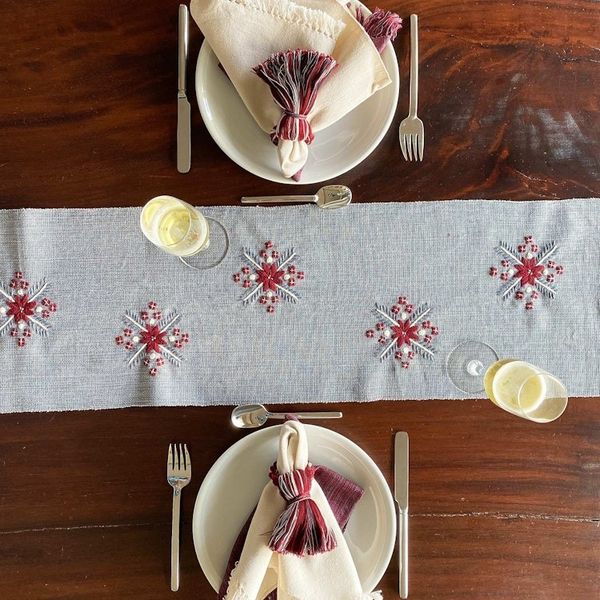Alternate image for Handloomed Grey Cotton Table Runner with Embroidered Motifs Grey Offering