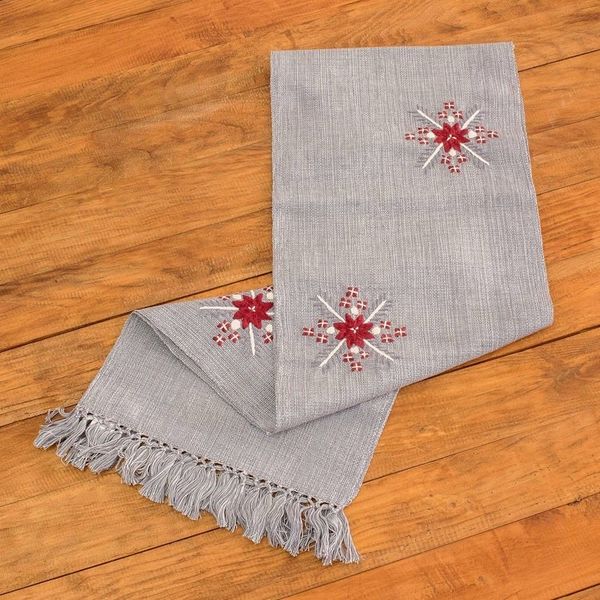 Alternate image for Handloomed Grey Cotton Table Runner with Embroidered Motifs Grey Offering