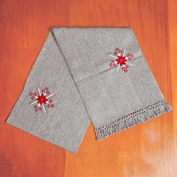 Alternate image for Handloomed Grey Cotton Table Runner with Embroidered Motifs Grey Offering