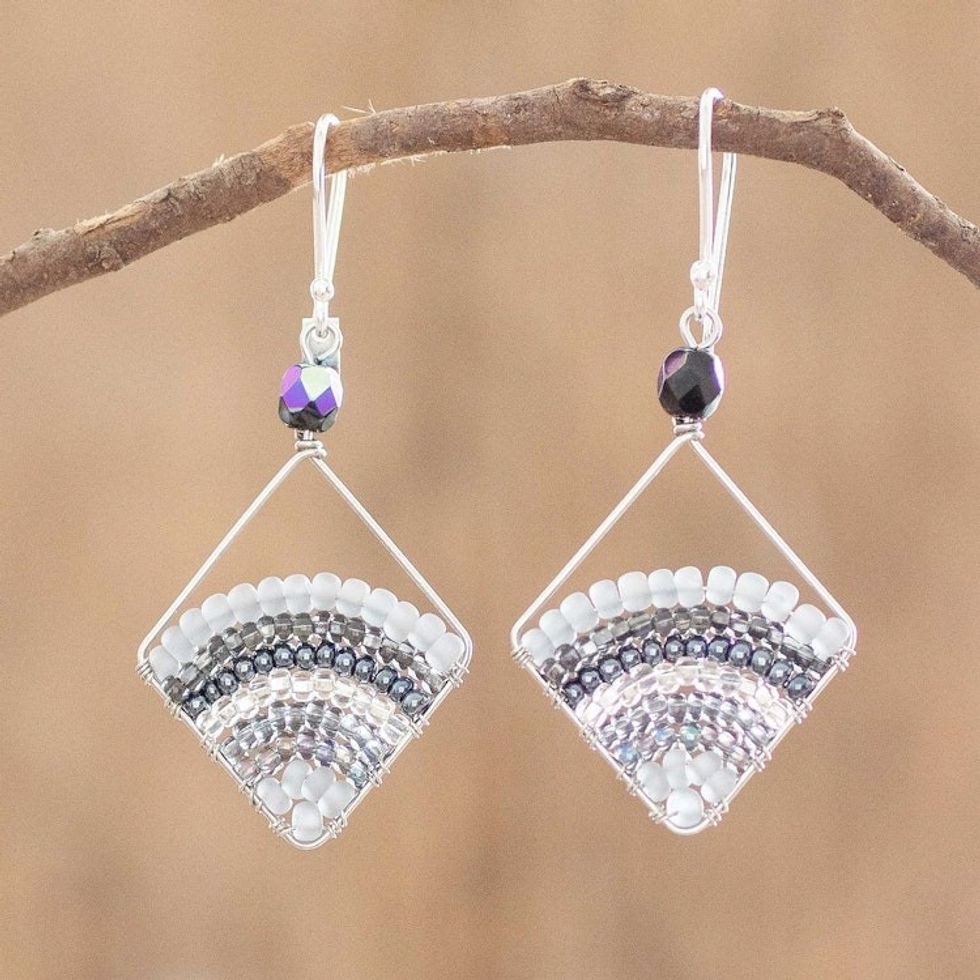 Dangle Earrings With Rows of Grey Beads From Guatemala 'Grey Rainbow'
