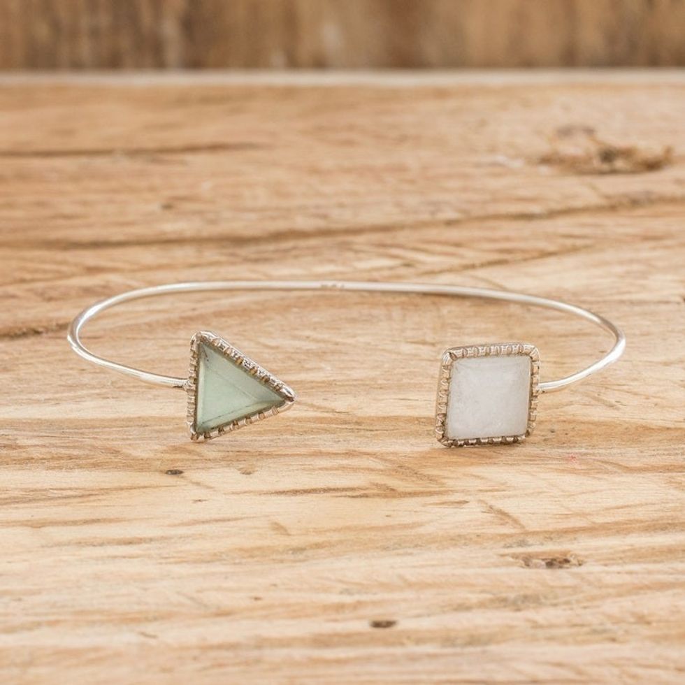 Geometric Themed Sterling Silver and Jade Cuff Bracelet 'Geometric Shapes in Green'