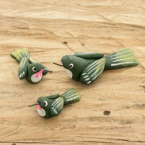 Alternate image for Set of 3 Hummingbird Ceramic Figurines from Guatemala Hummingbird Family