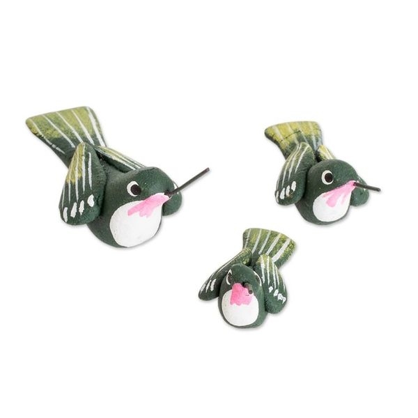 Alternate image for Set of 3 Hummingbird Ceramic Figurines from Guatemala Hummingbird Family