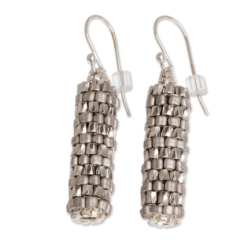 Miyuki Glass Bead Basket Like Dangle Earrings in Silver Tone 'Silvery Pillars'