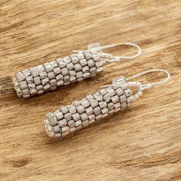 Alternate image for Miyuki Glass Bead Basket Like Dangle Earrings in Silver Tone Silvery Pillars