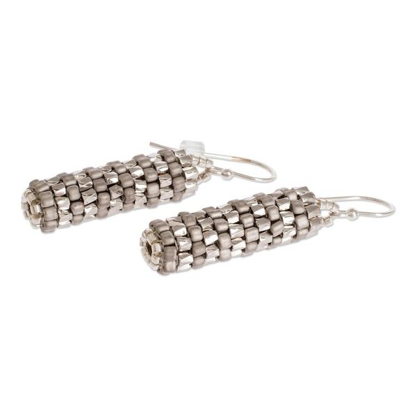 Alternate image for Miyuki Glass Bead Basket Like Dangle Earrings in Silver Tone Silvery Pillars