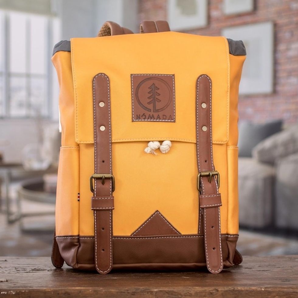 Saffron Leather-Accented Backpack Made in Costa Rica 'Practical Saffron'