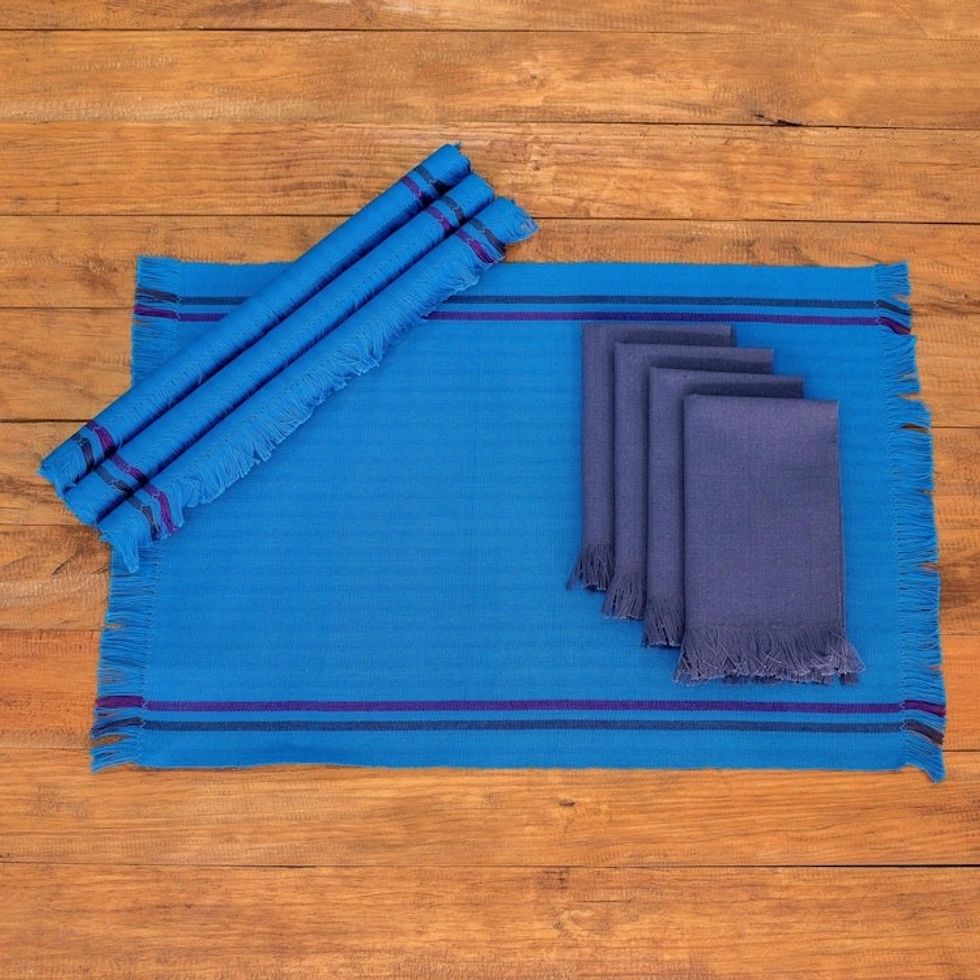 Handwoven Cotton Blue Placemats with Napkins Set of 4 'Blue Wellness'