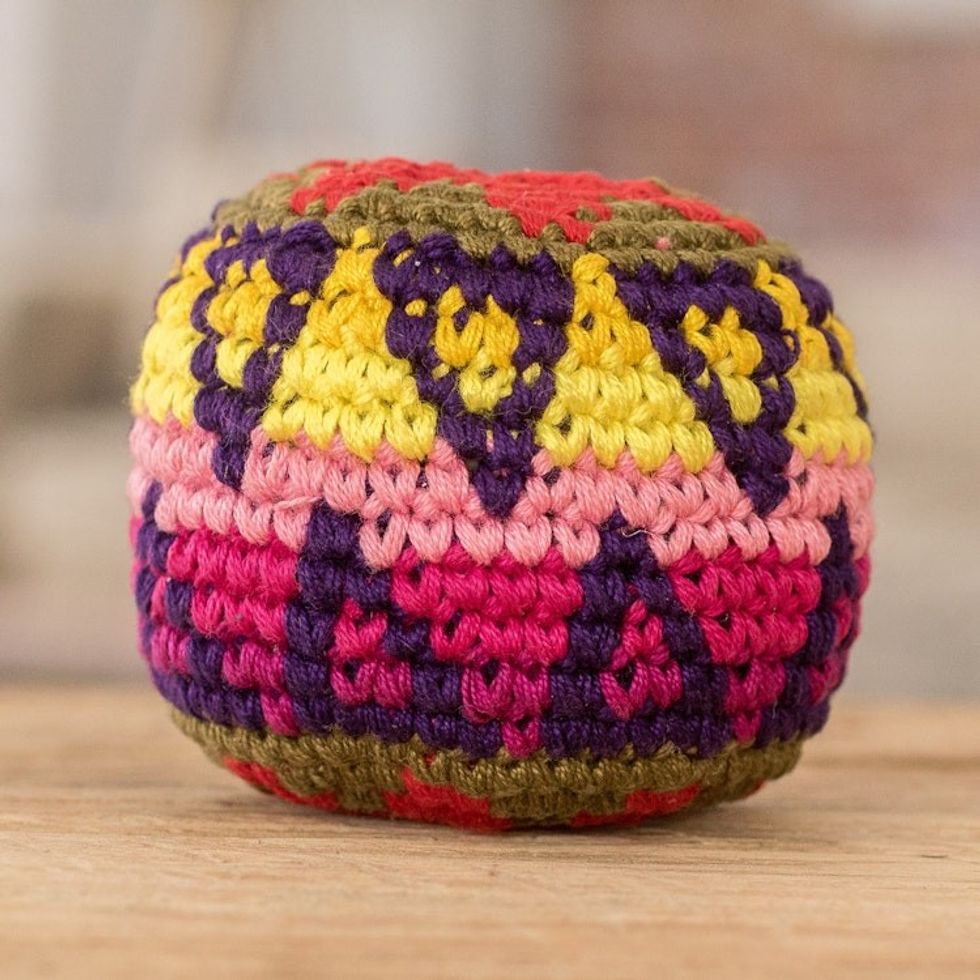 Handknit Multicolor Cotton Hacky Sack from Guatemala 'Geometric Mix'