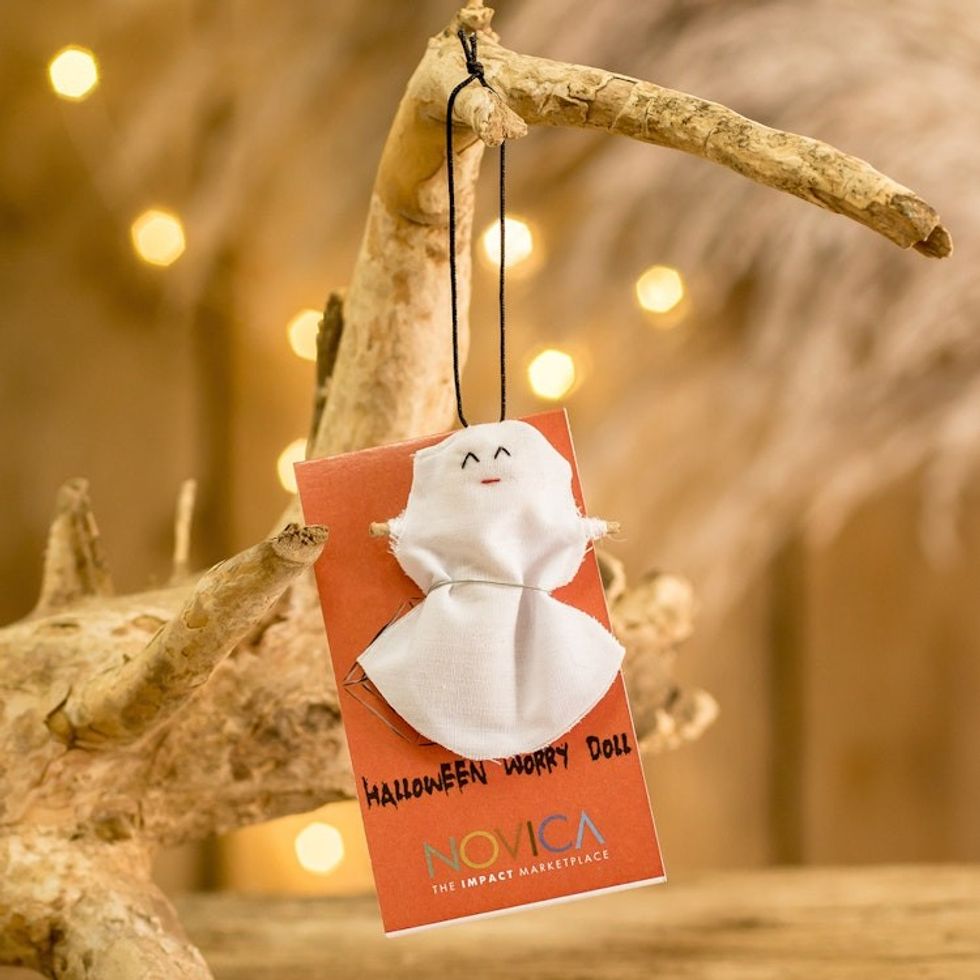 Handcrafted Cotton Ghost Worry Doll from Guatemala 'Spectral Smile'