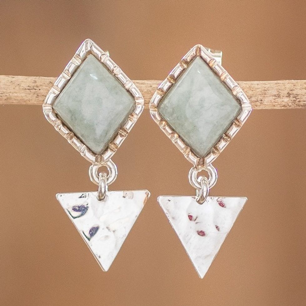Sterling Silver and Green Jade Dangle Earrings 'Princess Green Diamond Too'