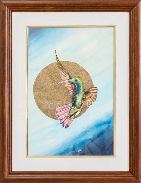 Alternate image for Watercolor Hummingbird Painting with a Cedar Frame Hummingbird over Gold