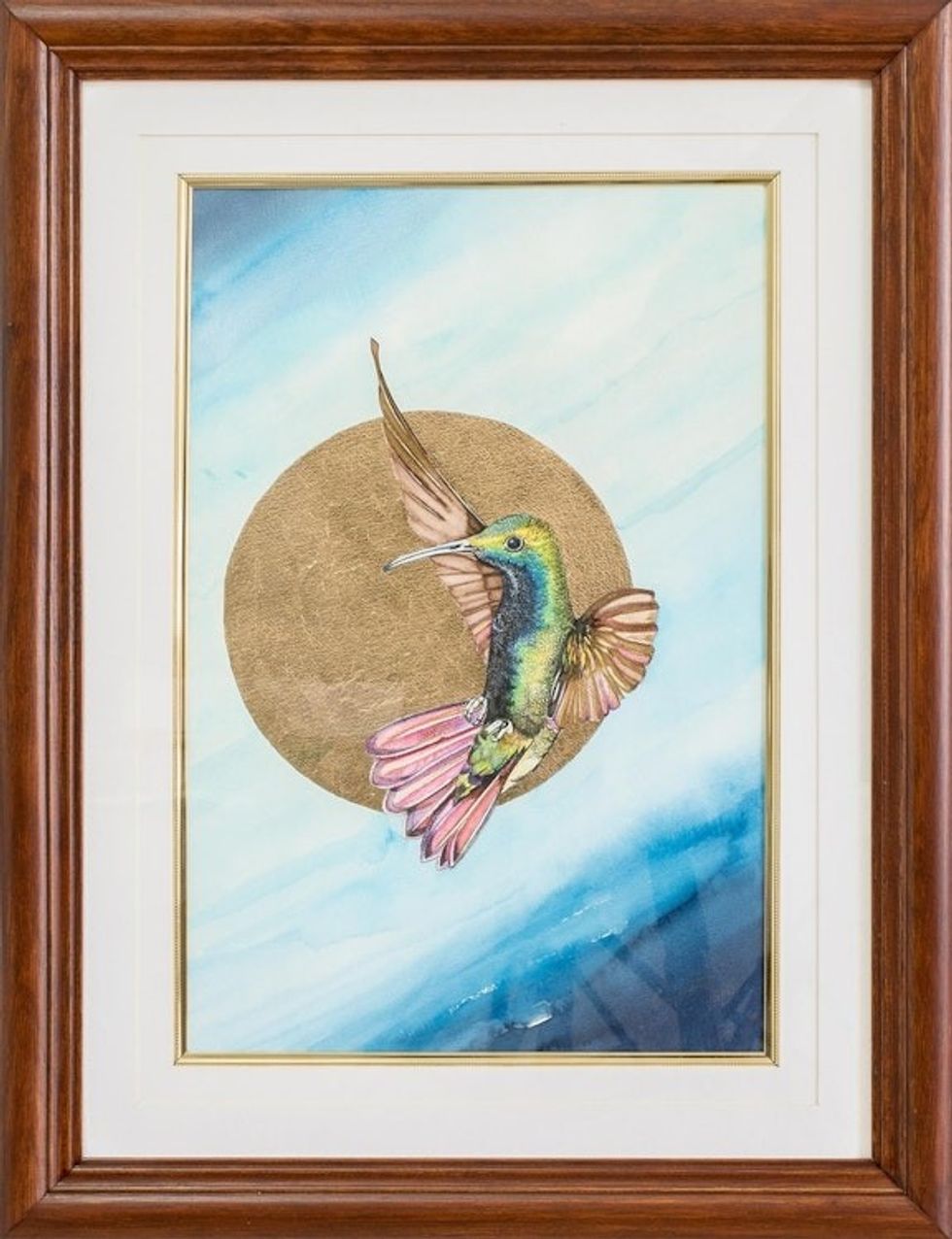 Watercolor Hummingbird Painting with a Cedar Frame 'Hummingbird over Gold'