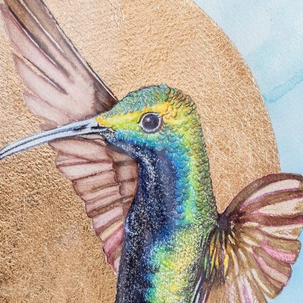 Alternate image for Watercolor Hummingbird Painting with a Cedar Frame Hummingbird over Gold