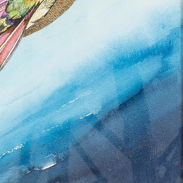 Alternate image for Watercolor Hummingbird Painting with a Cedar Frame Hummingbird over Gold