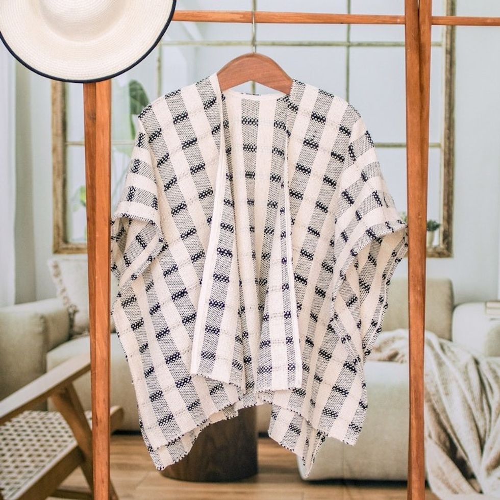 Hand-woven Black and White Ruana Made with 100 Cotton 'Rustic in Black'