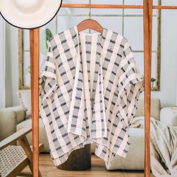 Alternate image for Hand-woven Black and White Ruana Made with 100 Cotton Rustic in Black